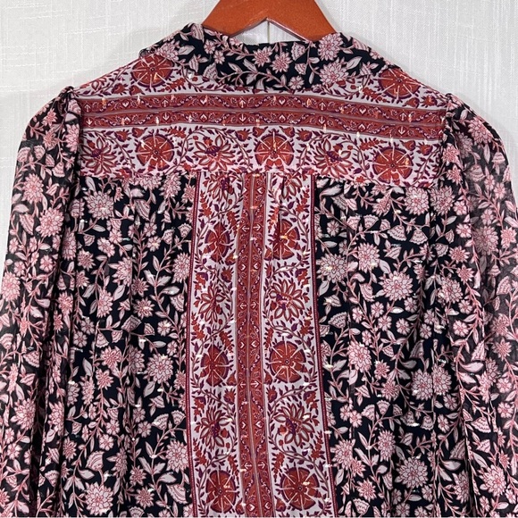 1. State NWT Floral Gold Metallic Button Front Bell Sleeve Boho Dress Sz S - Picture 10 of 12